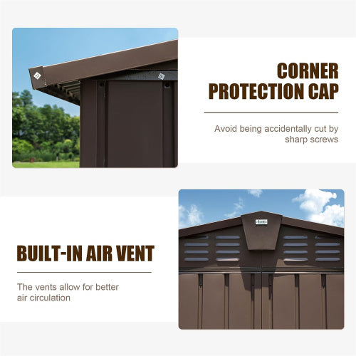 10x8 ft Brown Outdoor Metal Storage Shed with Lockable Double Doors – Large Waterproof Tool and Bike Shed for Garden and Backyard