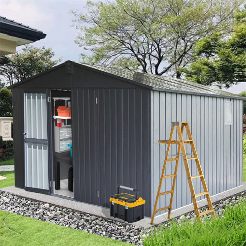 11x12.5 ft Dark Gray Outdoor Metal Storage Shed with Galvanized Steel Frame, Windows, and Lockable Door – Garden Tool and Utility Shed