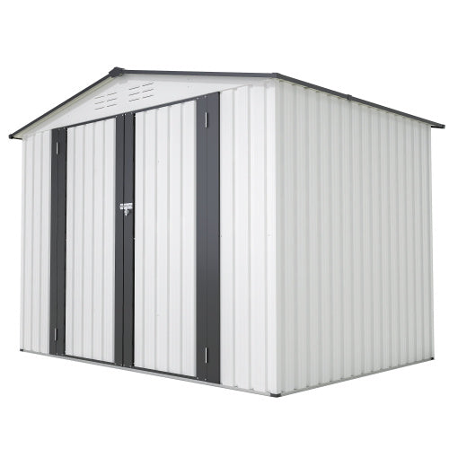 8x6 ft White Outdoor Metal Storage Shed with Double Lockable Doors – All-Weather Tool Shed for Garden, Backyard, and Lawn