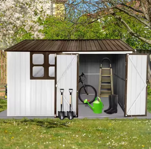 10x8 ft Metal Garden Shed with Window – Outdoor Storage Shed in White Coffee for Tools and Equipment