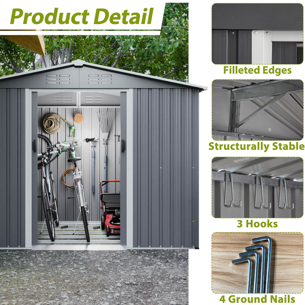 8x6 ft Gray Outdoor Metal Storage Shed with Foundation and Lockable Doors – All-Weather Tool Shed for Garden, Patio, and Backyard