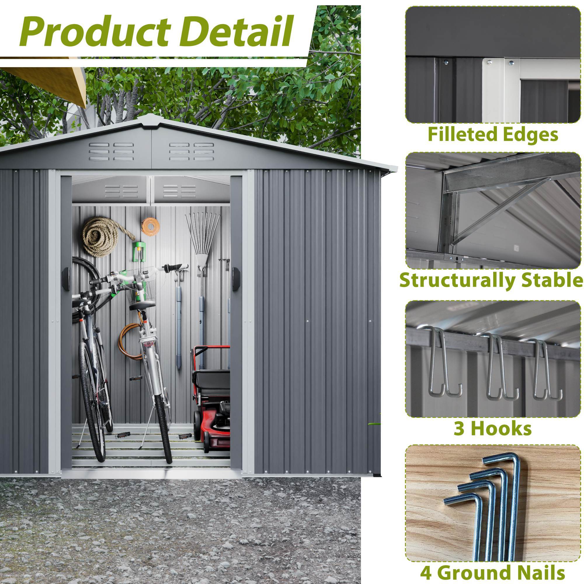 8x6 ft Gray Outdoor Metal Storage Shed with Foundation and Lockable Doors – All-Weather Tool Shed for Garden, Patio, and Backyard