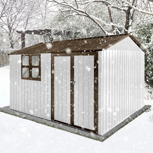 10x8 ft Metal Garden Shed with Window – Outdoor Storage Shed in White Coffee for Tools and Equipment