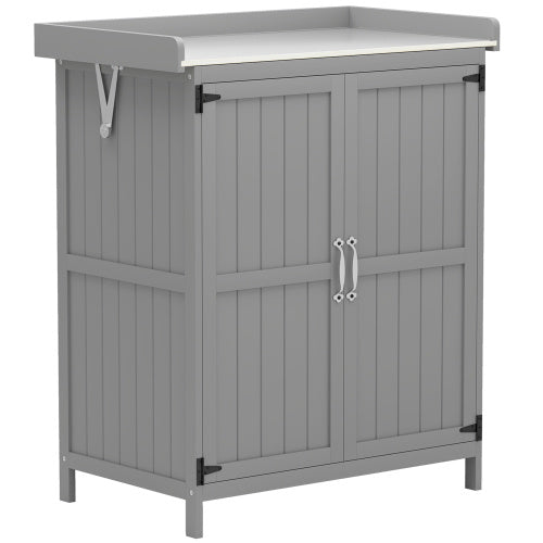 Outsunny Grey Wooden Garden Shed with Hinged Roof, Shelf, and Double Doors – Outdoor Tool Storage Cabinet
