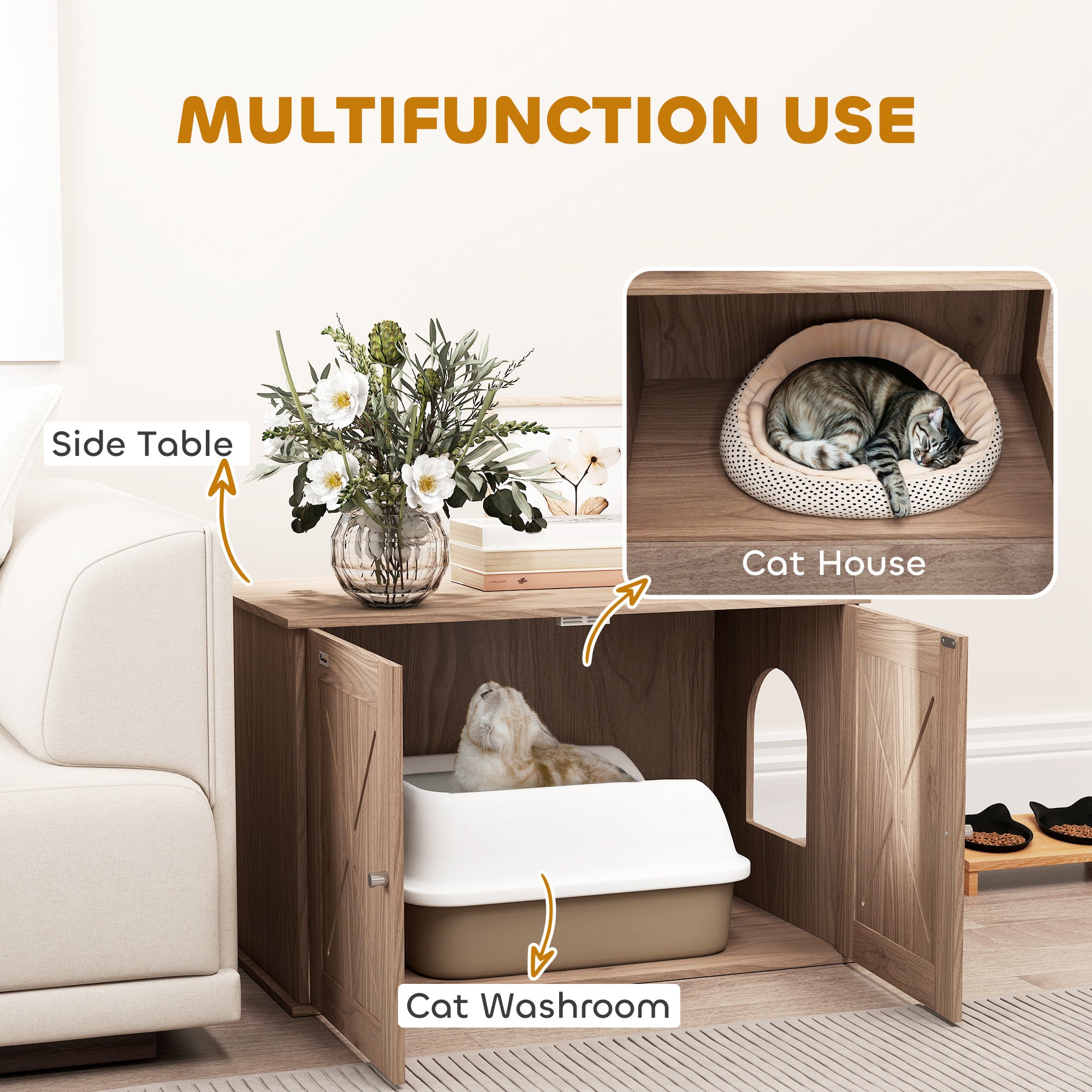 Walnut Hidden Cat Litter Box Enclosure with Ventilated Door and Cat Hole – Indoor Cat House and Washroom