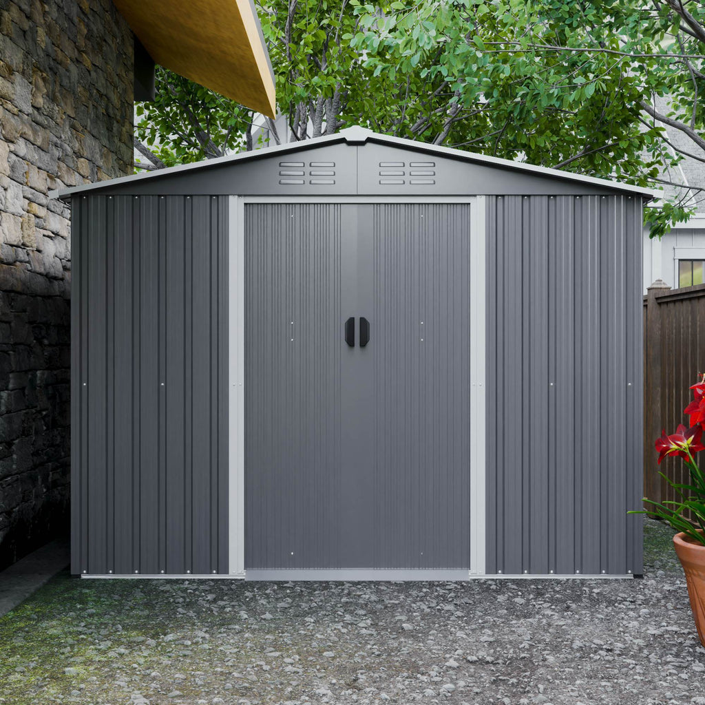 8x6 ft Gray Outdoor Metal Storage Shed with Foundation and Lockable Doors – All-Weather Tool Shed for Garden, Patio, and Backyard