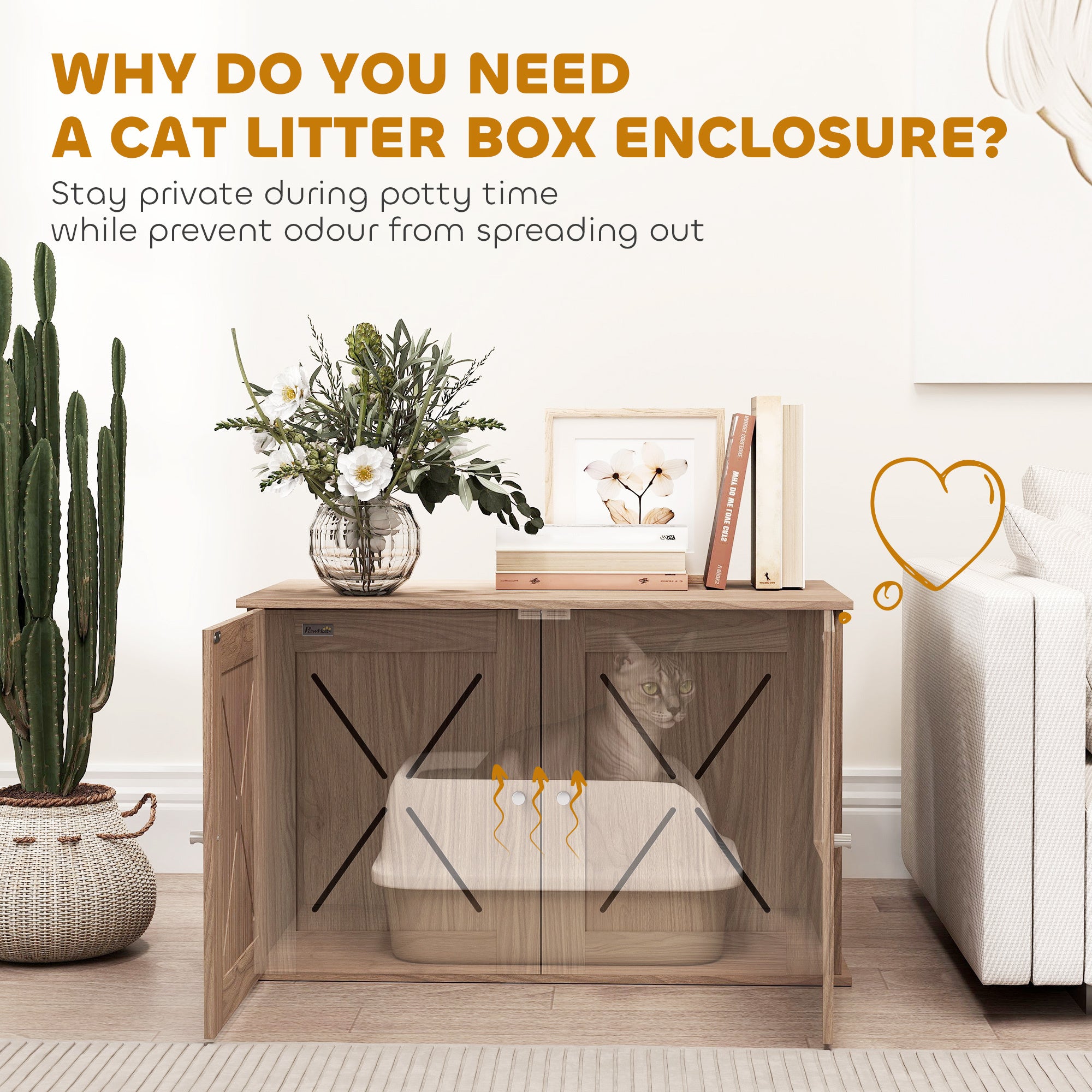 Walnut Hidden Cat Litter Box Enclosure with Ventilated Door and Cat Hole – Indoor Cat House and Washroom