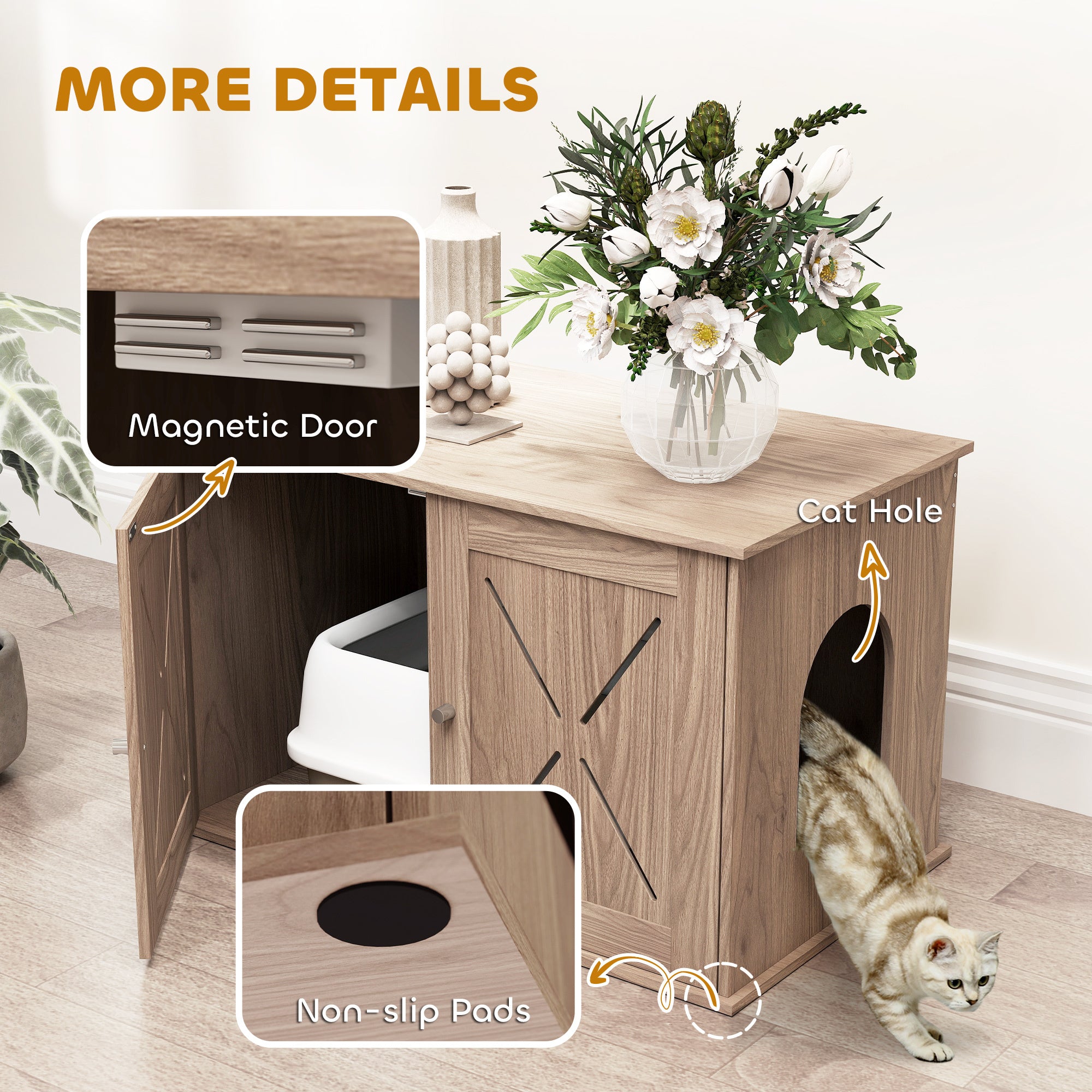 Walnut Hidden Cat Litter Box Enclosure with Ventilated Door and Cat Hole – Indoor Cat House and Washroom