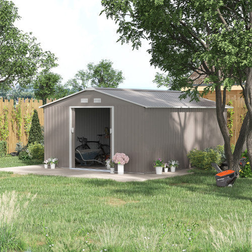 13x11 ft Light Grey Outsunny Outdoor Metal Garden Shed with Foundation Kit, Ventilation, and Doors – Large Storage Shed