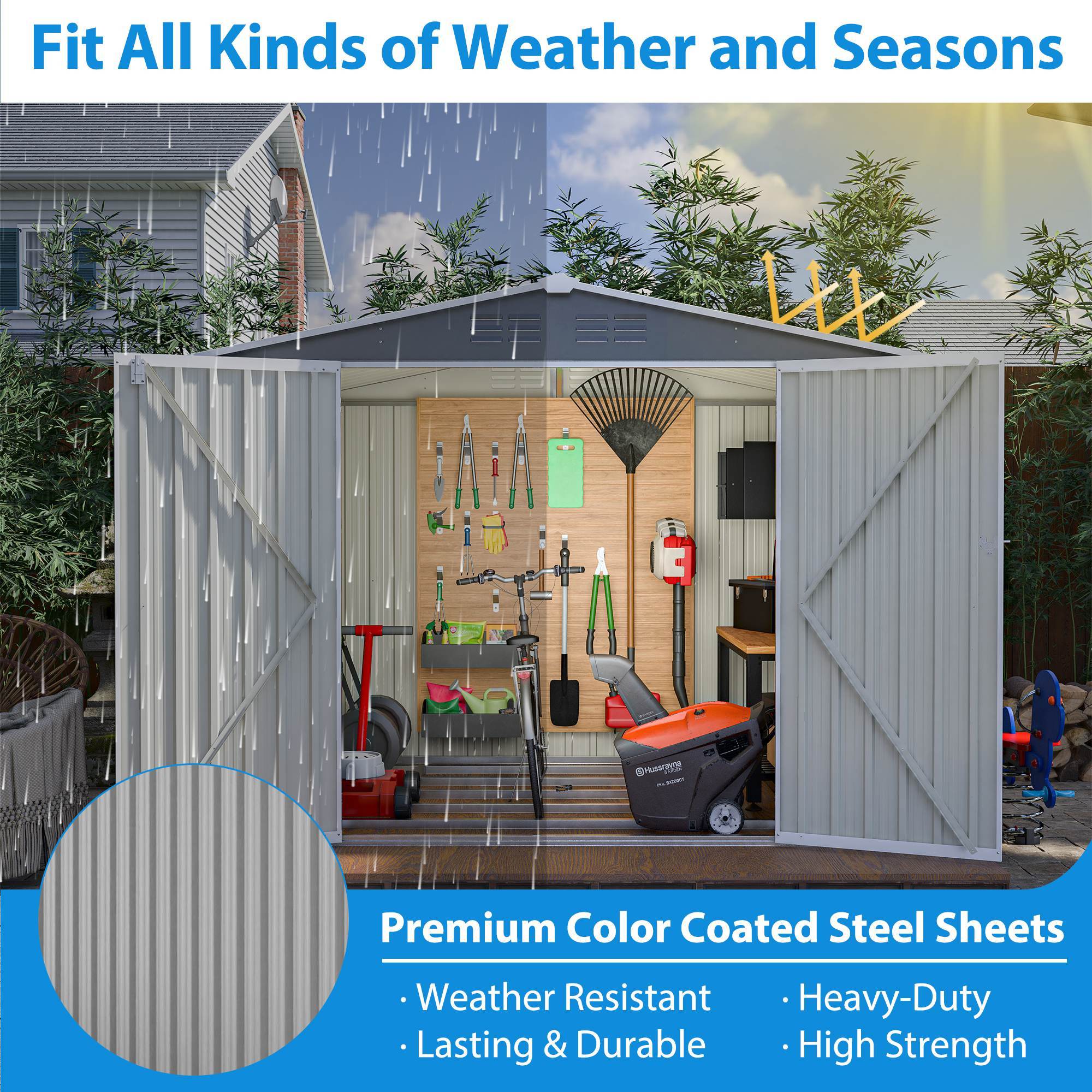 8x6 ft Gray Outdoor Waterproof Metal Storage Shed with Lockable Hinged Doors, Floor Frame, and Air Vents – Garden and Backyard Tool Shed