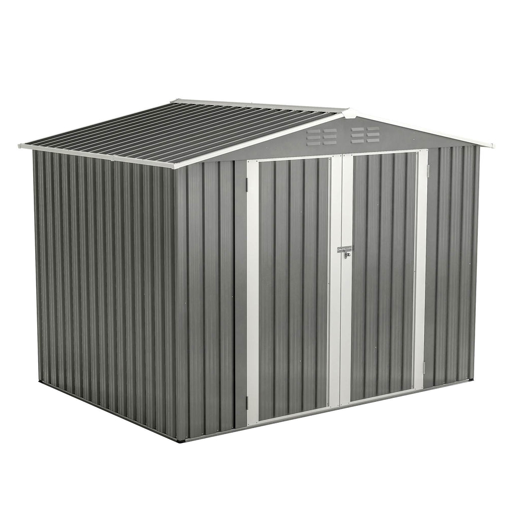 8x6 ft Gray Outdoor Waterproof Metal Storage Shed with Lockable Hinged Doors, Floor Frame, and Air Vents – Garden and Backyard Tool Shed