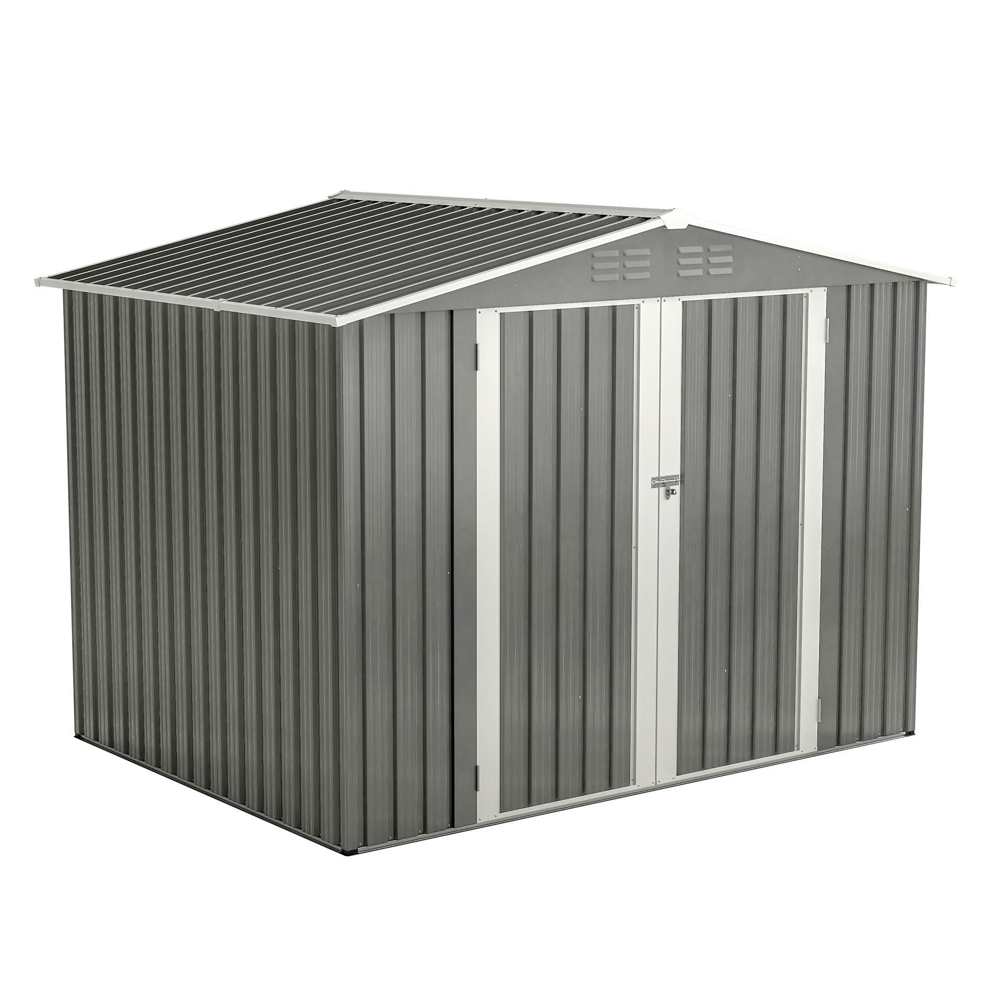 8x6 ft Gray Outdoor Waterproof Metal Storage Shed with Lockable Hinged Doors, Floor Frame, and Air Vents – Garden and Backyard Tool Shed