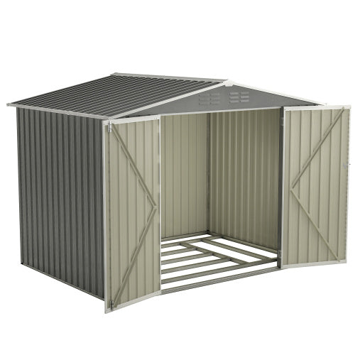 8x6 ft Gray Outdoor Waterproof Metal Storage Shed with Lockable Hinged Doors, Floor Frame, and Air Vents – Garden Tool Shed for Backyard and Lawn
