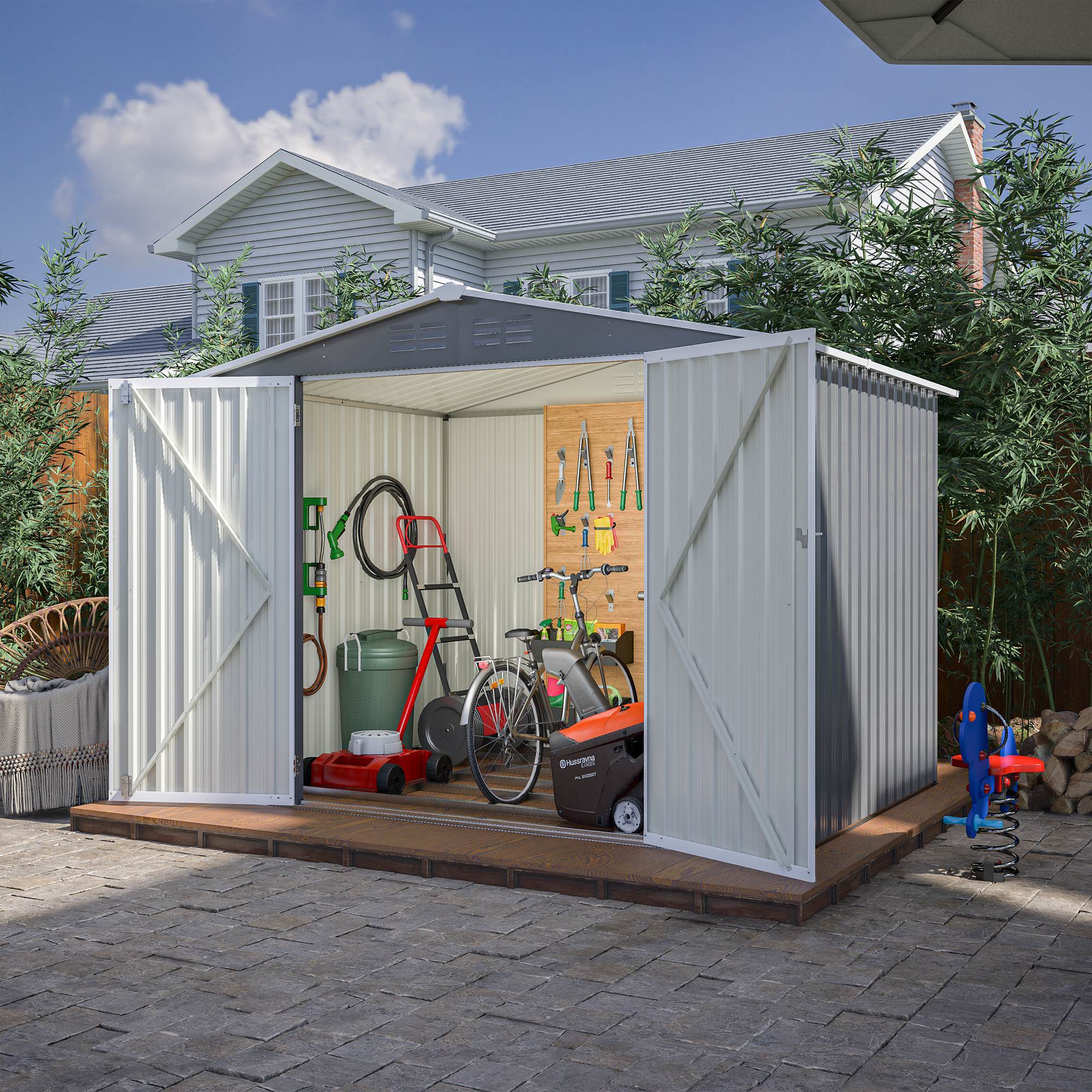8x6 ft Gray Outdoor Waterproof Metal Storage Shed with Lockable Hinged Doors, Floor Frame, and Air Vents – Garden and Backyard Tool Shed