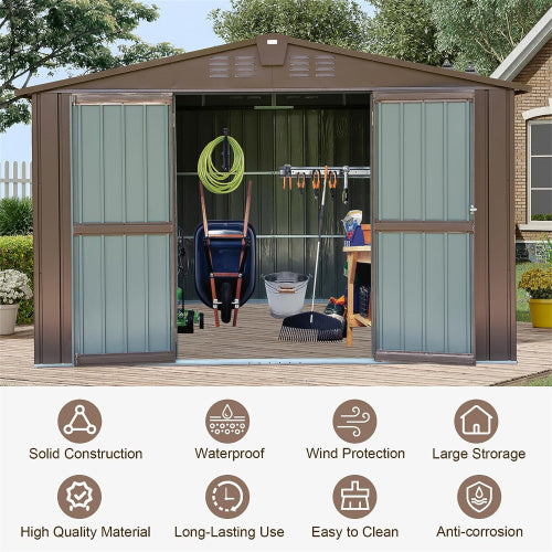 10x8 ft Brown Outdoor Metal Storage Shed with Lockable Double Doors – Large Waterproof Tool and Bike Shed for Garden and Backyard