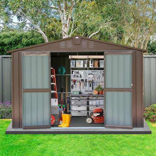10x8 ft Brown Outdoor Metal Storage Shed with Lockable Double Doors – Large Waterproof Tool and Bike Shed for Garden and Backyard