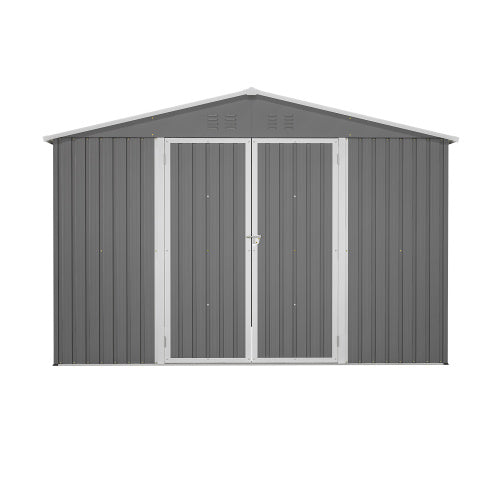 10x10 ft Grey Outdoor Metal Storage Shed with Lockable Doors – Large Garden and Tool Shed for Backyard, Patio, and Lawn
