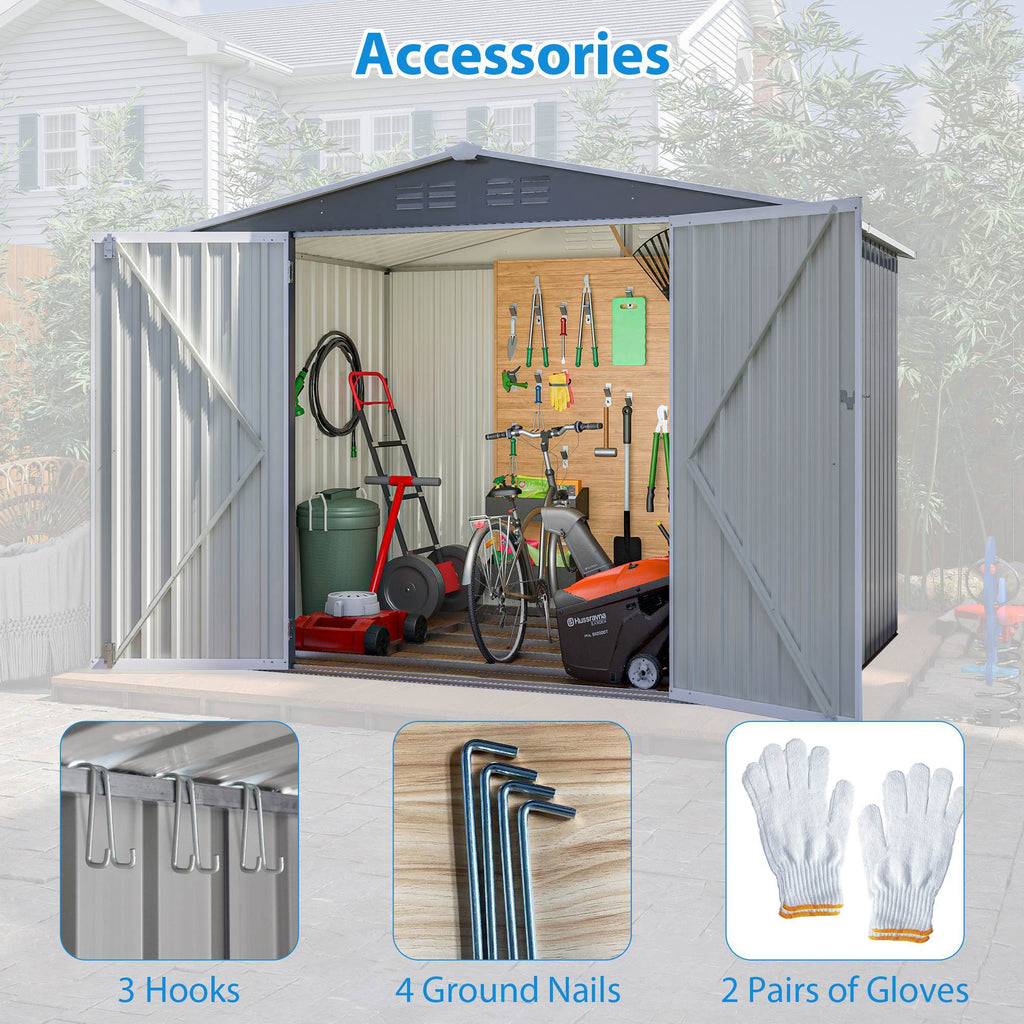 8x6 ft Gray Outdoor Waterproof Metal Storage Shed with Lockable Hinged Doors, Floor Frame, and Air Vents – Garden and Backyard Tool Shed