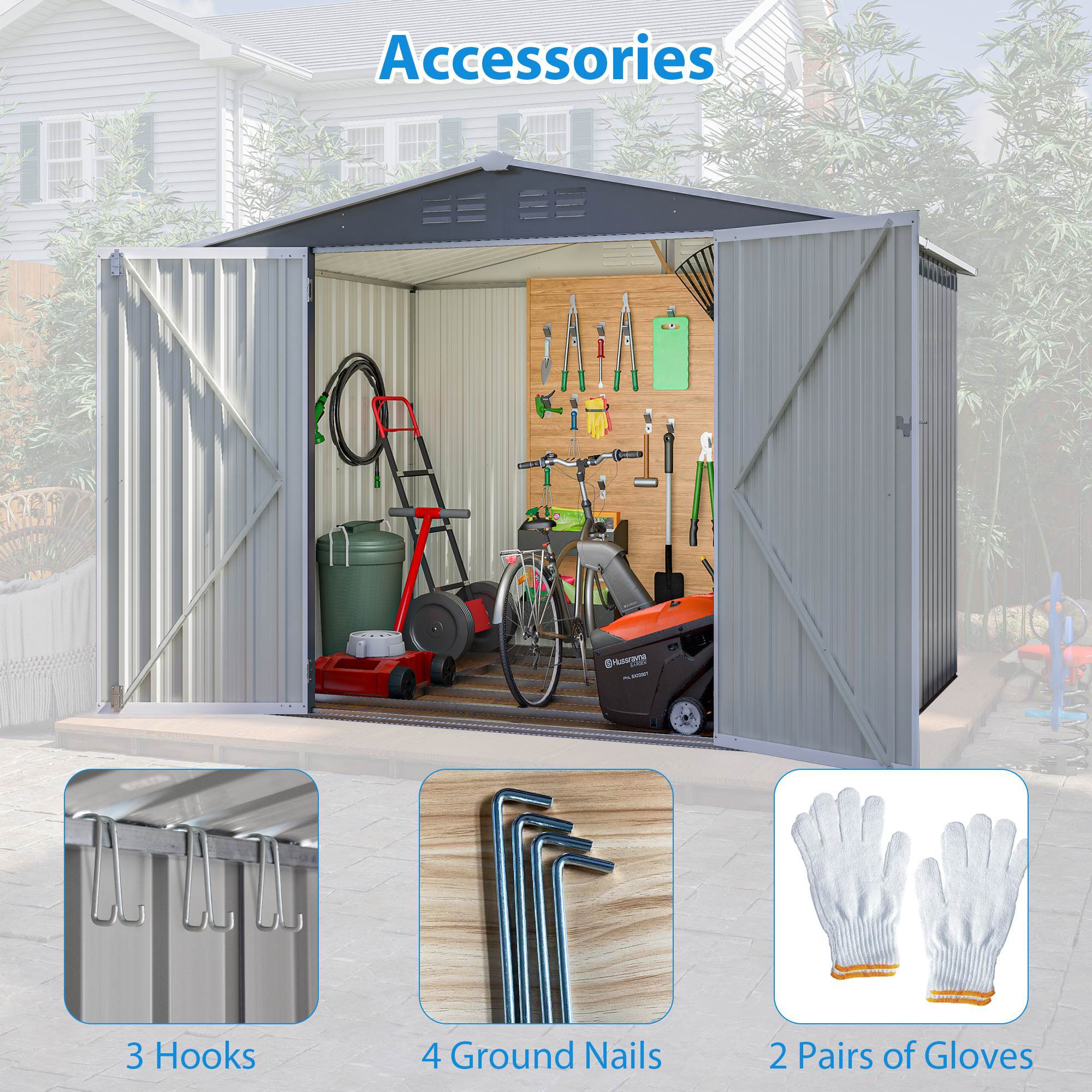 8x6 ft Gray Outdoor Waterproof Metal Storage Shed with Lockable Hinged Doors, Floor Frame, and Air Vents – Garden and Backyard Tool Shed