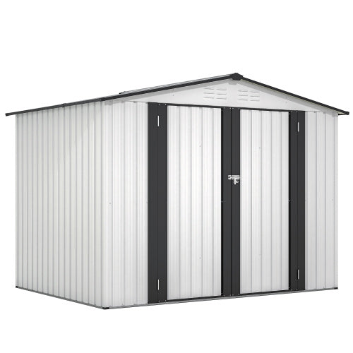 8x6 ft White Outdoor Metal Storage Shed with Double Lockable Doors – All-Weather Tool Shed for Garden, Backyard, and Lawn