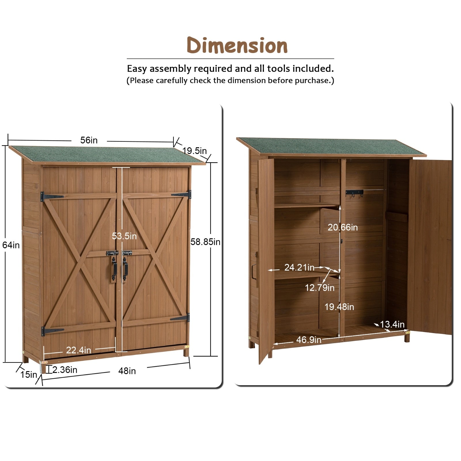 56L x 19.5W x 64H in Outdoor Wooden Storage Shed with Lockable Door – Detachable Tool Shed