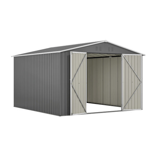 10x10 ft Grey Outdoor Metal Storage Shed with Lockable Doors – Large Garden and Tool Shed for Backyard, Patio, and Lawn