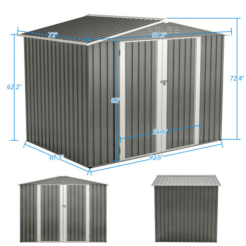 8x6 ft Gray Outdoor Waterproof Metal Storage Shed with Lockable Hinged Doors, Floor Frame, and Air Vents – Garden Tool Shed for Backyard and Lawn