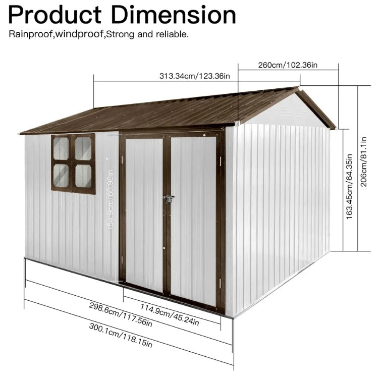 10x8 ft Metal Garden Shed with Window – Outdoor Storage Shed in White Coffee for Tools and Equipment