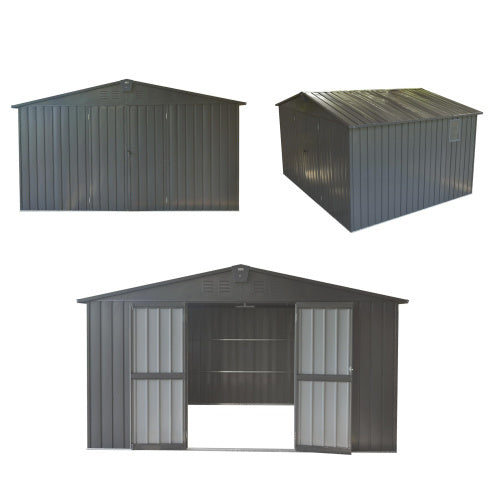 11x12.5 ft Dark Gray Outdoor Metal Storage Shed with Galvanized Steel Frame, Windows, and Lockable Door – Garden Tool and Utility Shed