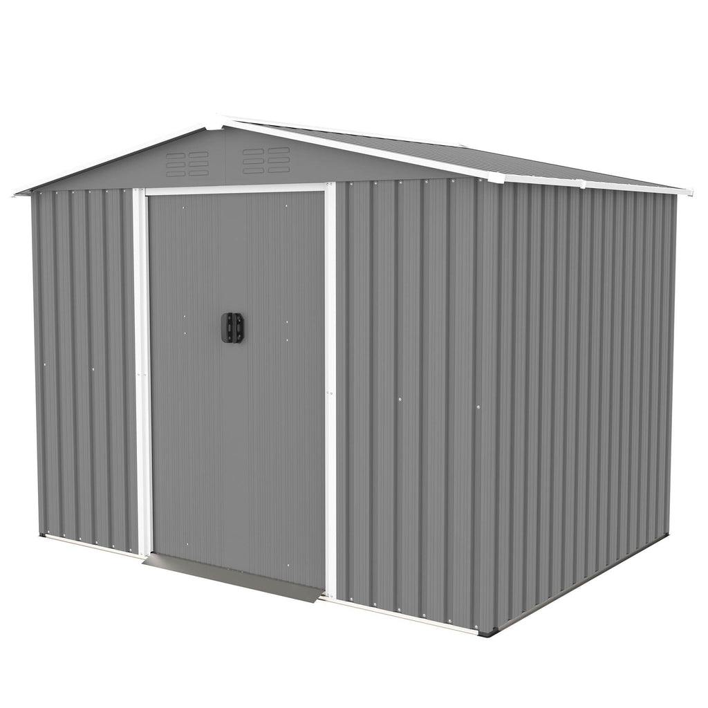 8x6 ft Gray Outdoor Metal Storage Shed with Foundation and Lockable Doors – All-Weather Tool Shed for Garden, Patio, and Backyard