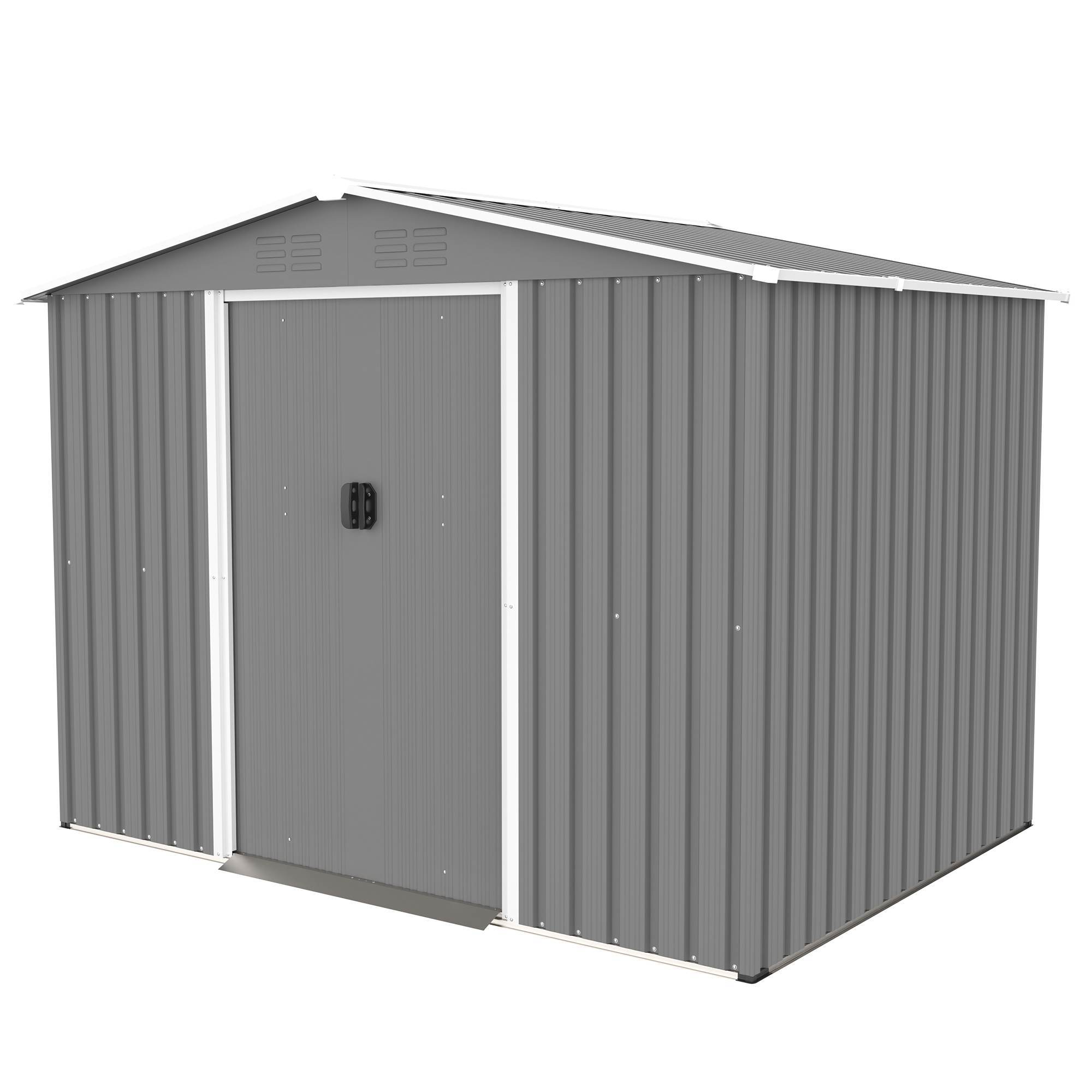 8x6 ft Gray Outdoor Metal Storage Shed with Foundation and Lockable Doors – All-Weather Tool Shed for Garden, Patio, and Backyard