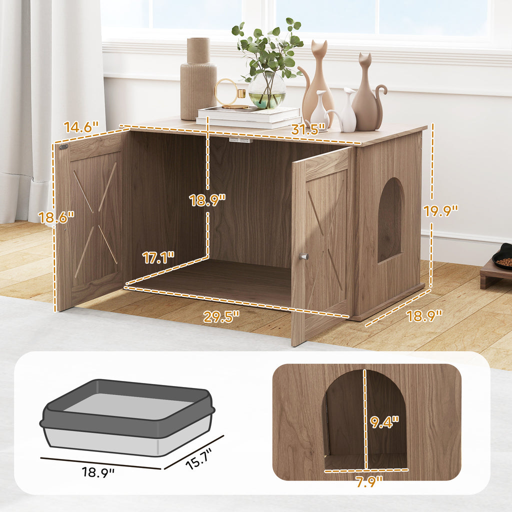 Walnut Hidden Cat Litter Box Enclosure with Ventilated Door and Cat Hole – Indoor Cat House and Washroom