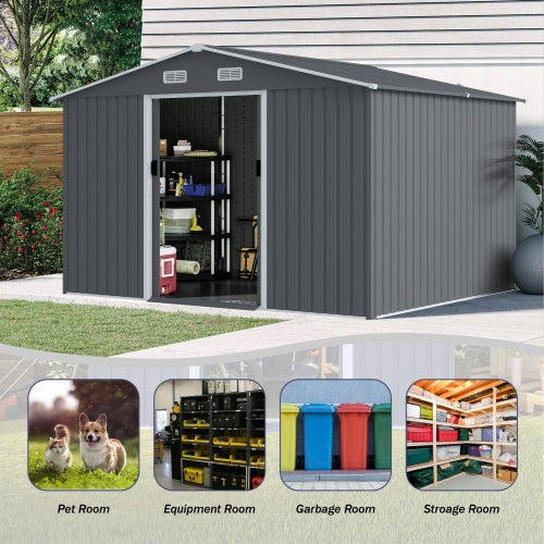 8x10 ft Grey Outdoor Metal Storage Shed with Sliding Doors and Air Vent – Heavy-Duty Tool and Bike Shed for Patio, Lawn, and Garden