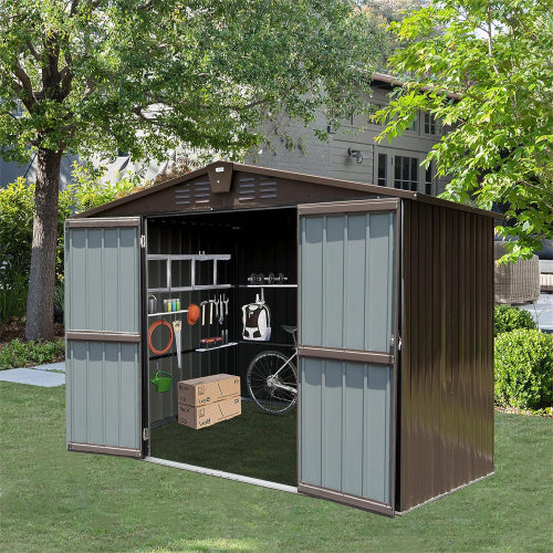 10x8 ft Brown Outdoor Metal Storage Shed with Lockable Double Doors – Large Waterproof Tool and Bike Shed for Garden and Backyard