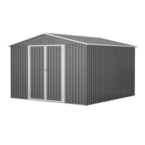 10x10 ft Grey Outdoor Metal Storage Shed with Lockable Doors – Large Garden and Tool Shed for Backyard, Patio, and Lawn