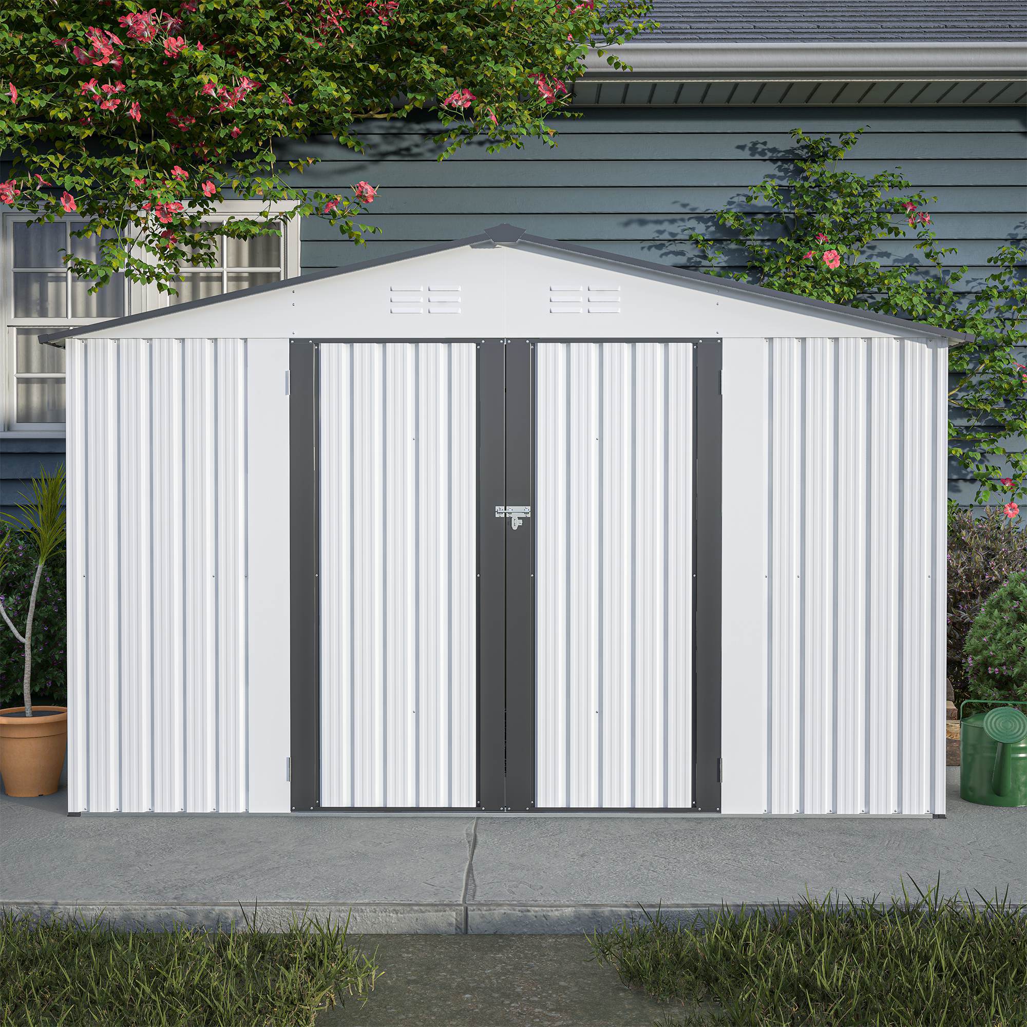 10x8 ft White Outdoor Metal Storage Shed with Lockable Doors – All-Weather Tool Shed for Garden, Patio, and Backyard