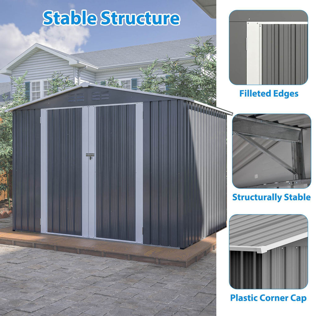 8x6 ft Gray Outdoor Waterproof Metal Storage Shed with Lockable Hinged Doors, Floor Frame, and Air Vents – Garden and Backyard Tool Shed