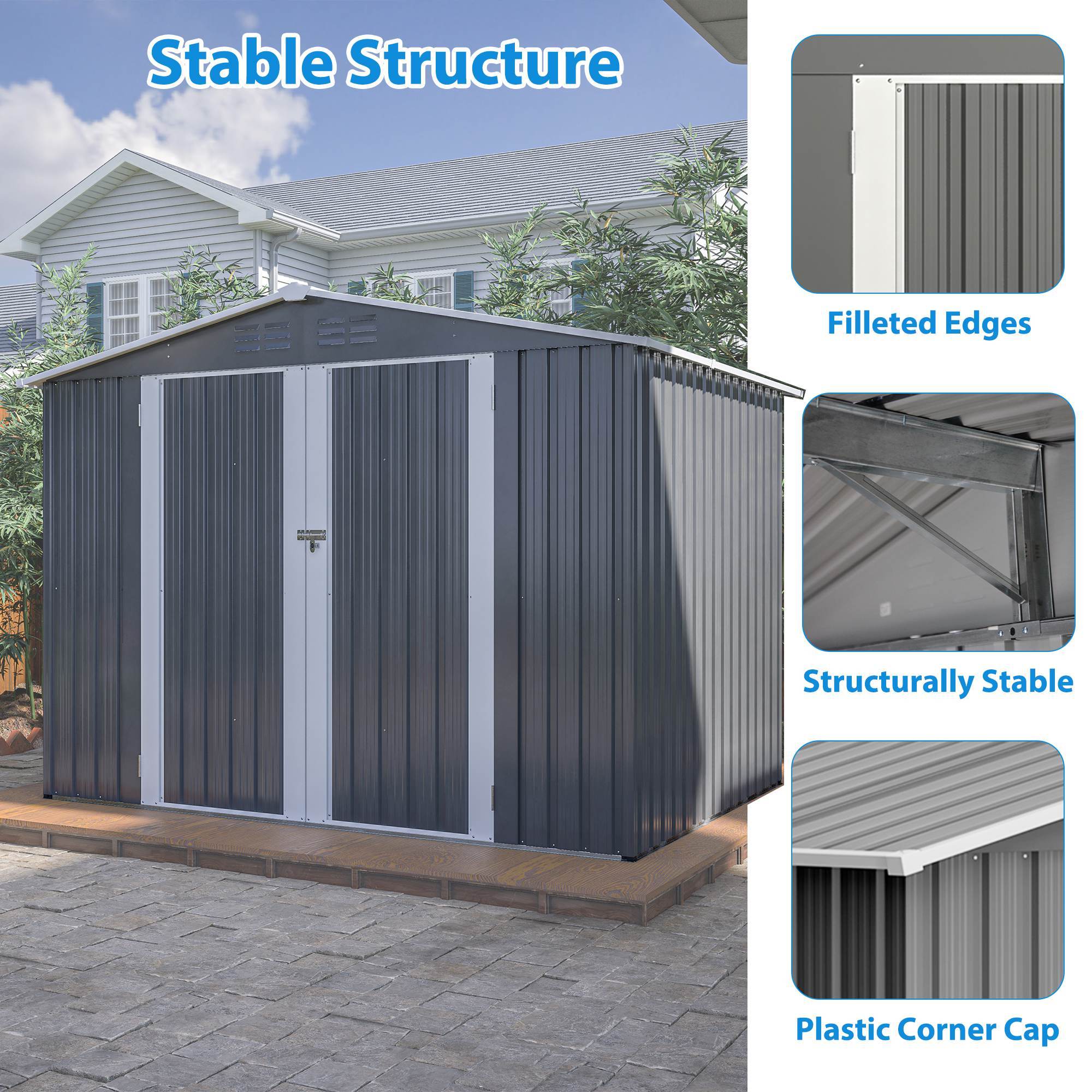 8x6 ft Gray Outdoor Waterproof Metal Storage Shed with Lockable Hinged Doors, Floor Frame, and Air Vents – Garden and Backyard Tool Shed