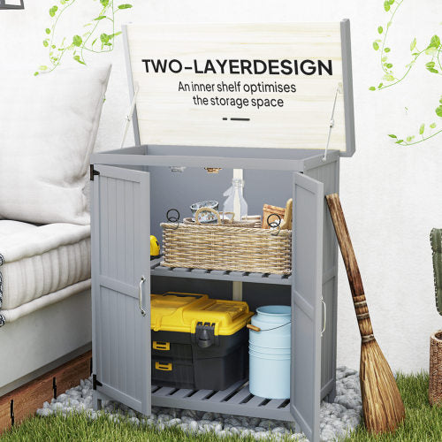 Outsunny Grey Wooden Garden Shed with Hinged Roof, Shelf, and Double Doors – Outdoor Tool Storage Cabinet