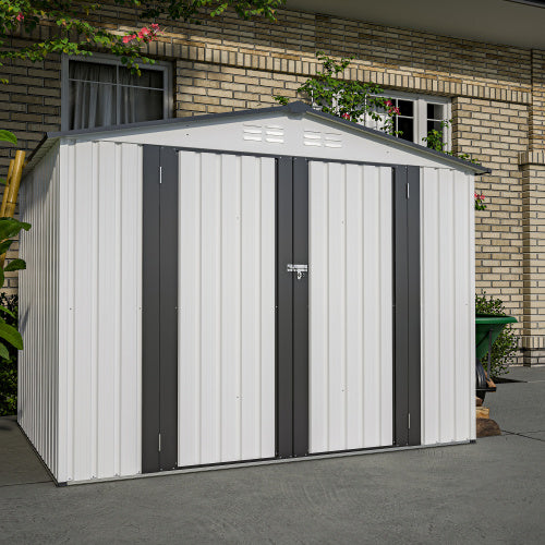 8x6 ft White Outdoor Metal Storage Shed with Double Lockable Doors – All-Weather Tool Shed for Garden, Backyard, and Lawn
