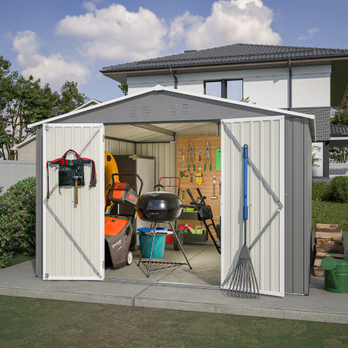 10x10 ft Grey Outdoor Metal Storage Shed with Lockable Doors – Large Garden and Tool Shed for Backyard, Patio, and Lawn