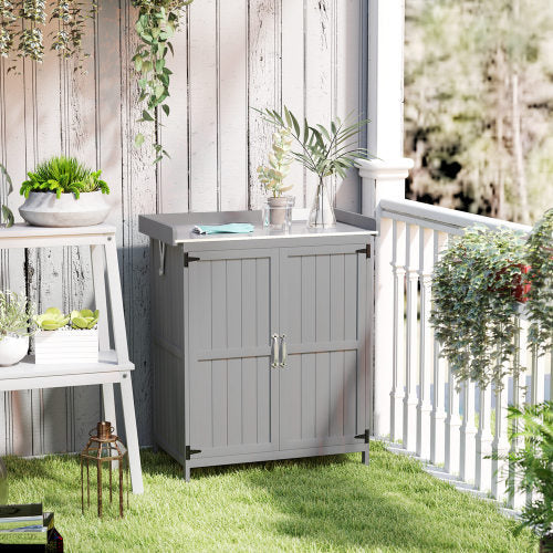 Outsunny Grey Wooden Garden Shed with Hinged Roof, Shelf, and Double Doors – Outdoor Tool Storage Cabinet