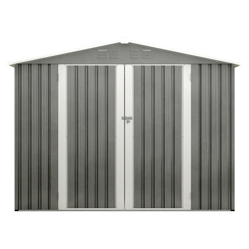 8x6 ft Gray Outdoor Waterproof Metal Storage Shed with Lockable Hinged Doors, Floor Frame, and Air Vents – Garden Tool Shed for Backyard and Lawn