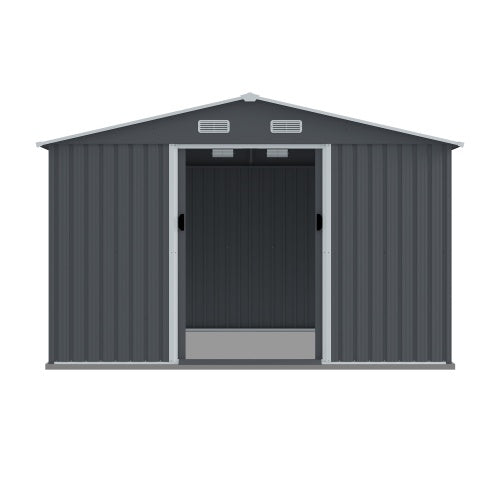 8x10 ft Grey Outdoor Metal Storage Shed with Sliding Doors and Air Vent – Heavy-Duty Tool and Bike Shed for Patio, Lawn, and Garden