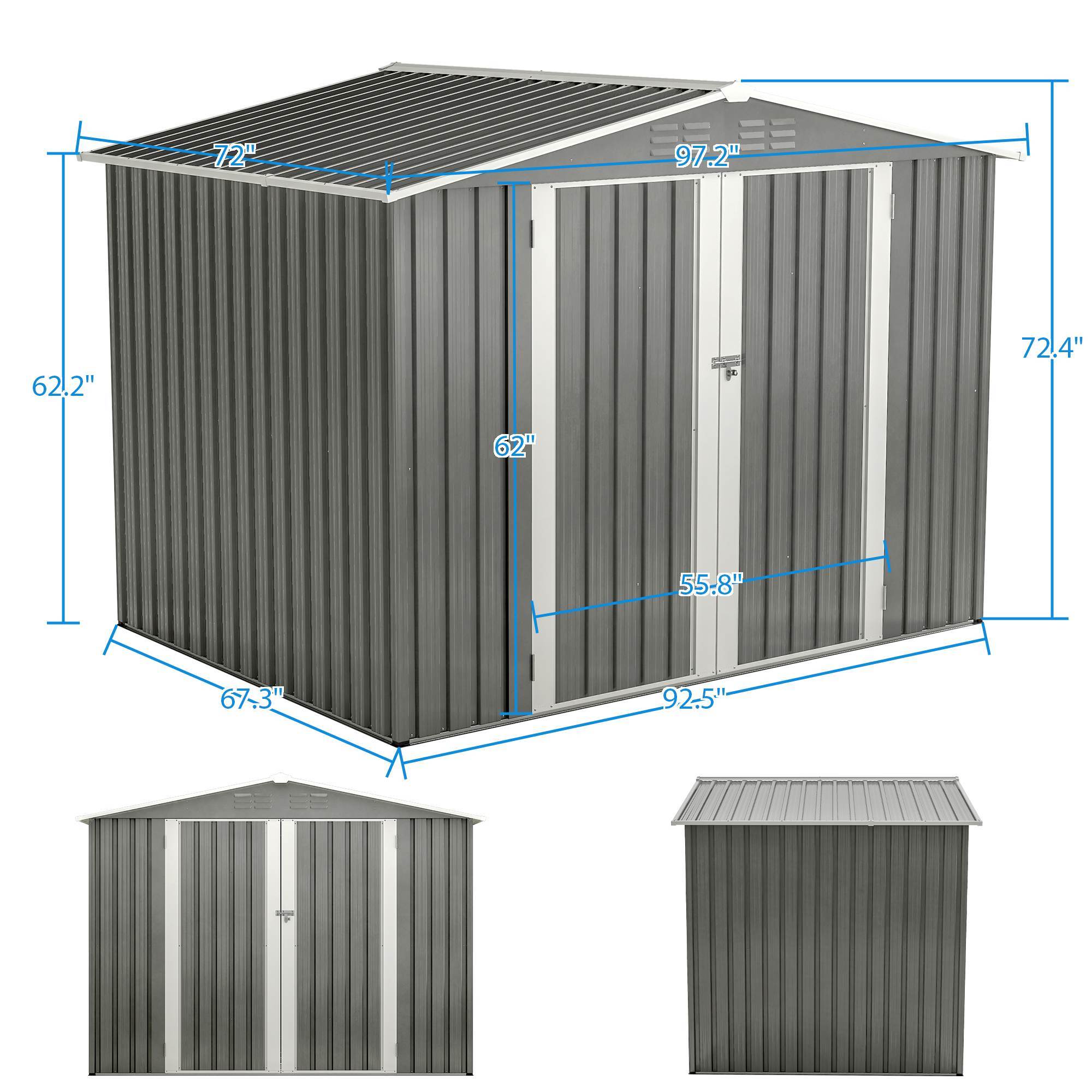 8x6 ft Gray Outdoor Waterproof Metal Storage Shed with Lockable Hinged Doors, Floor Frame, and Air Vents – Garden and Backyard Tool Shed