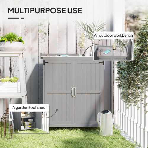 Outsunny Grey Wooden Garden Shed with Hinged Roof, Shelf, and Double Doors – Outdoor Tool Storage Cabinet