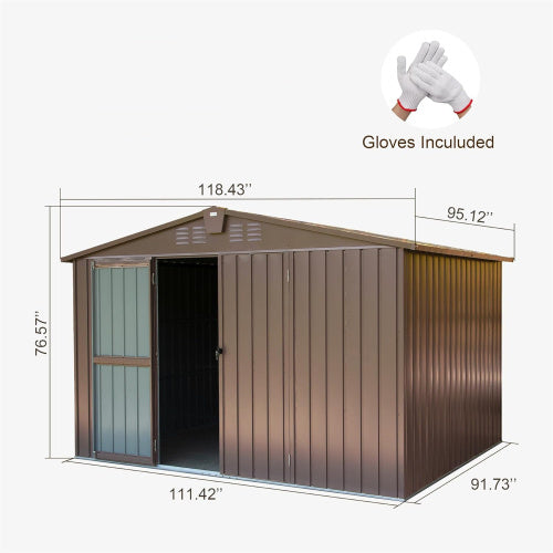 10x8 ft Brown Outdoor Metal Storage Shed with Lockable Double Doors – Large Waterproof Tool and Bike Shed for Garden and Backyard