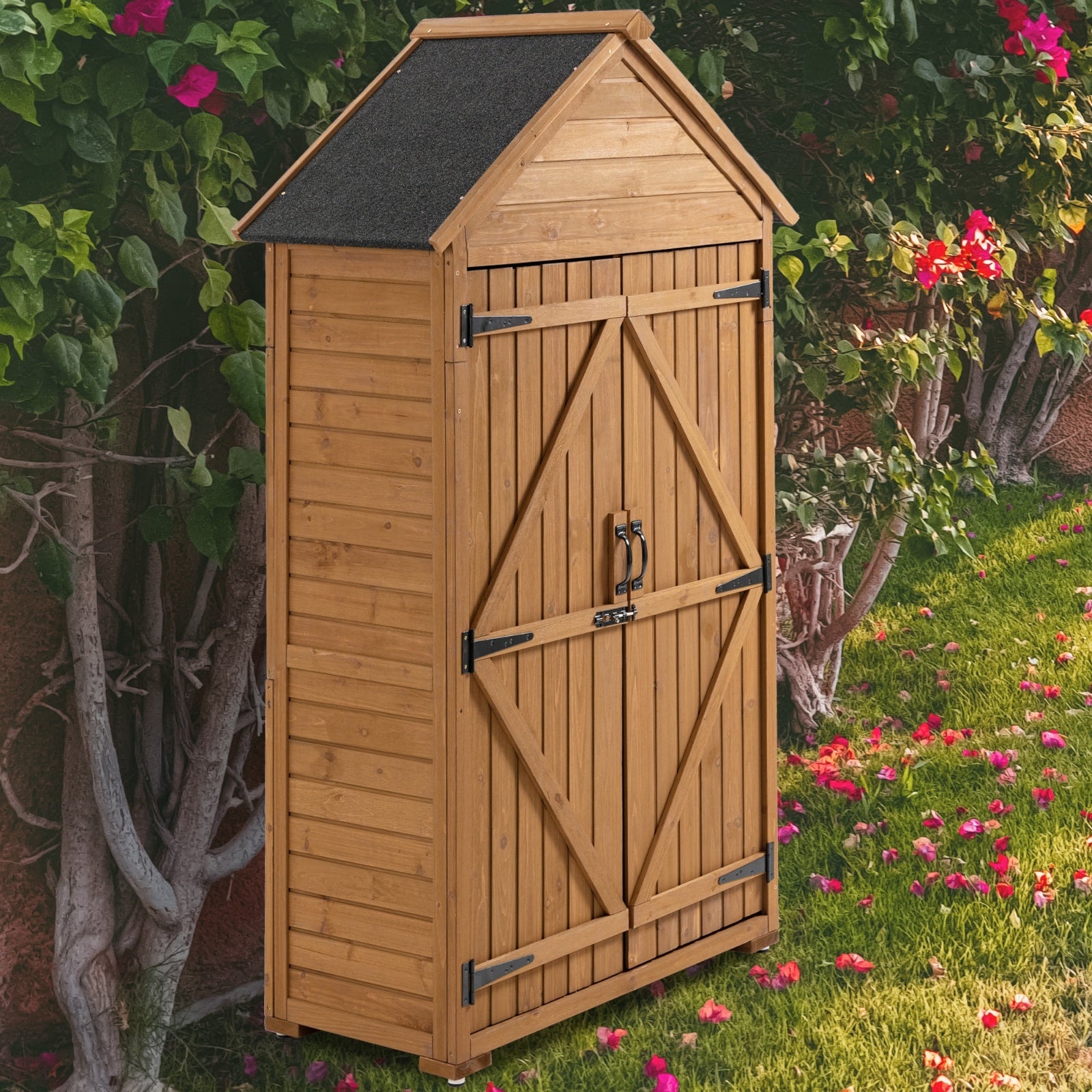 Outdoor Wooden Storage Cabinet with Shelves and Latch – Garden Tool Shed