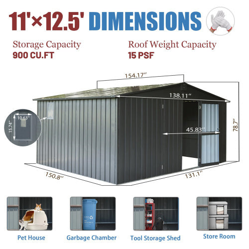 11x12.5 ft Dark Gray Outdoor Metal Storage Shed with Galvanized Steel Frame, Windows, and Lockable Door – Garden Tool and Utility Shed