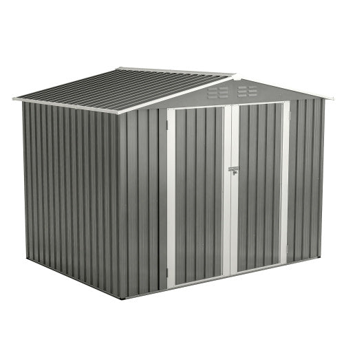 8x6 ft Gray Outdoor Waterproof Metal Storage Shed with Lockable Hinged Doors, Floor Frame, and Air Vents – Garden Tool Shed for Backyard and Lawn
